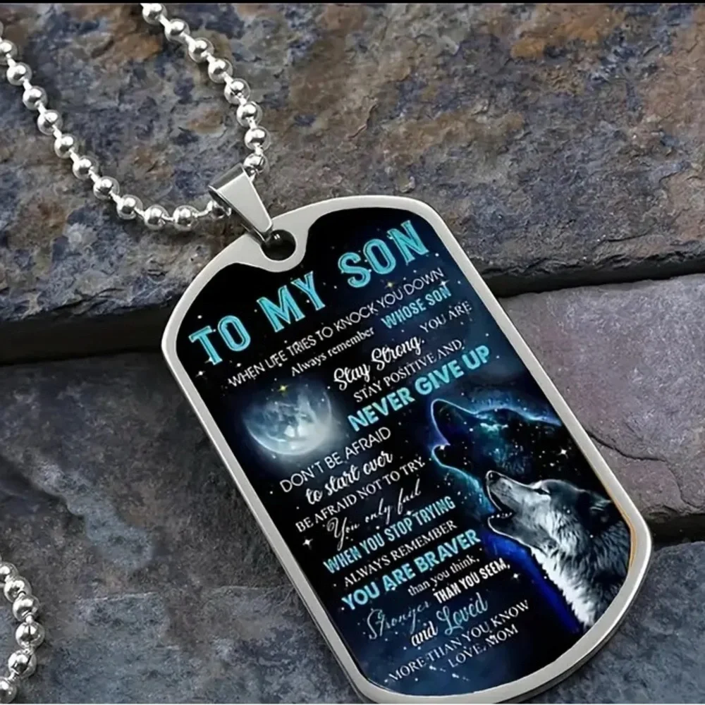Inspirational Wolf Dog Tag Necklace - Mom to Son - Never Give Up!